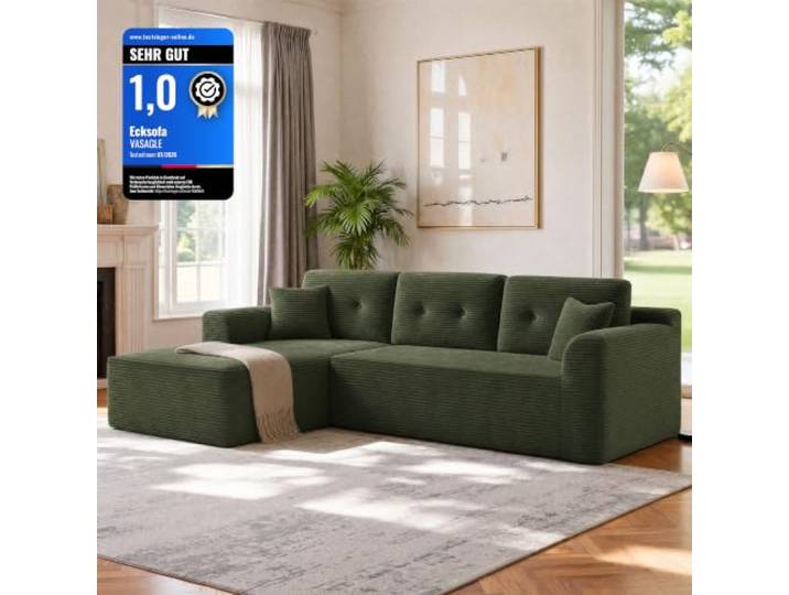 VASAGLE Ecksofa, Keine Montage erforderlich, modulares Sofa, 244 cm breit Schlafsofa, vakuumverpackt, mit großer Chaiselongue links, für Wohnzimmer, waldgrün, LCS183C101
