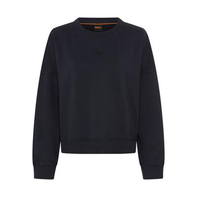 Sweater BOSS ORANGE "Ever Premium Damenmode", Damen, Gr. L, schwarz (dunkelblau 408), Sweatware, Obermaterial: 100% Baumwolle, unifarben, oversize normal, Rundhals, Rippstrickbündchen, Sweatshirts Sweater, mit Logostickerei, aus Baumwolle