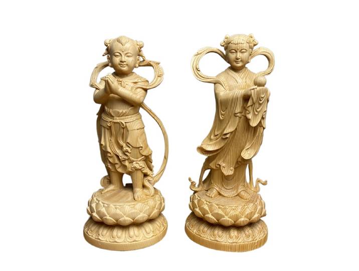 Statues Garçon Doré et Fille de Jade en Bois de Hinoki Sculptées à la Main (Ensemble de 2) - Ornement Spirituel Décoration de Temple Maison Cadeau de Collection