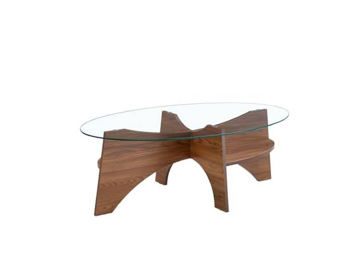 Vexelus Ovaler Couchtisch 104,9x60 cm MDF‑Sicherheitsglas, Nussbaum‑Optik mit unterer Ablage