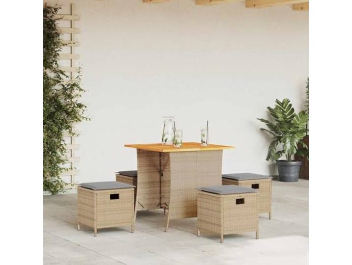 HEFZGDB 5-TLG. Garten-Essgruppe mit Kissen Beige Poly Rattan, Outdoor Esstischgruppe mit Akazienholz Tischplatte und abnehmbaren Bezügen, Wetterbeständige PE Rattan Möbel