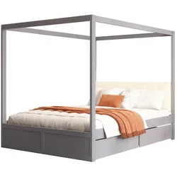 Himmelbett 140x200 mit großen Schubladen & gepolsterter Rückenlehne – Elegantes Zelt-Design in Grau, Stauraum und Moskitonetz-Möglichkeit