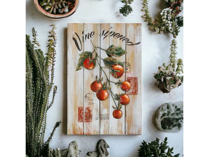 Tableau Relief Grappe de Tomates en Bois et Métal