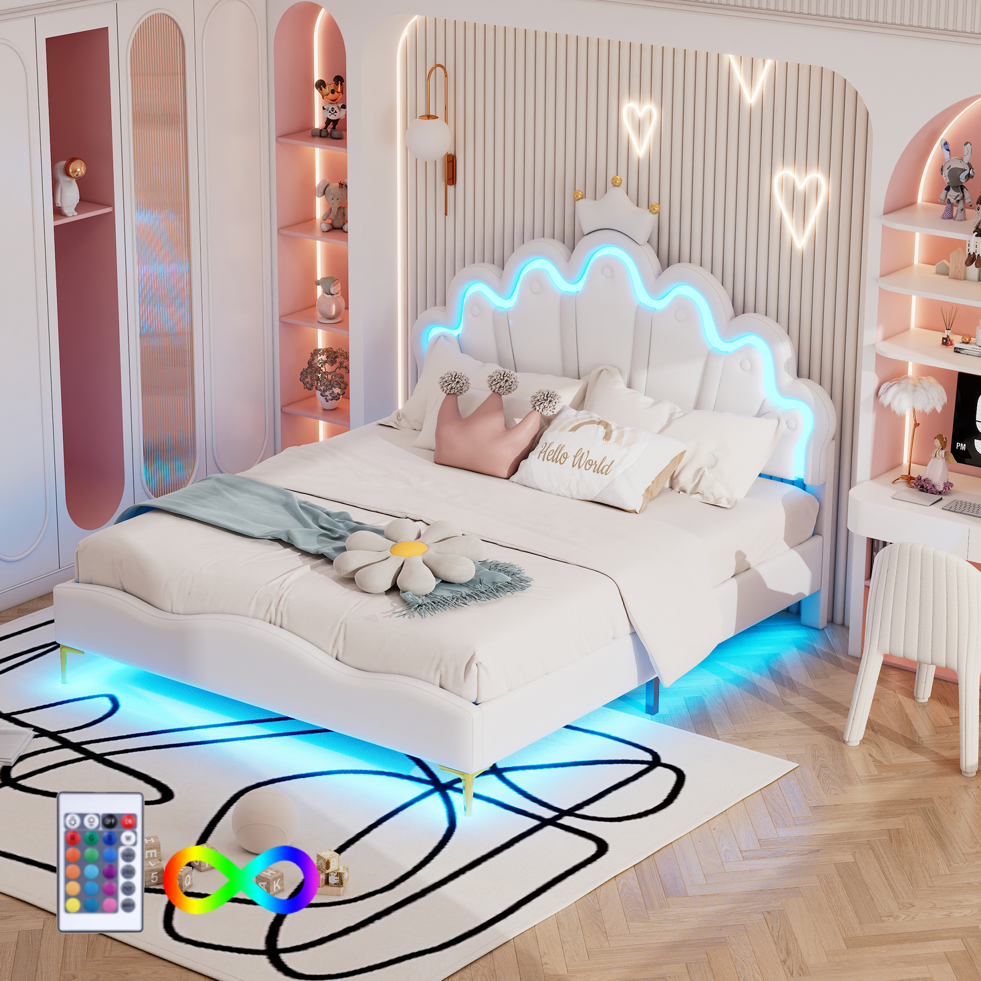 Abrihome Kinderbett Doppelbett - 140x200cm mit Lattenrost und LED, Polsterbett aus Kunstleder, Kronenförmigem Kopfteil, Weiß