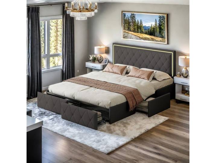 Lit coffre 140x200 cm avec tiroirs lit 2 Personnes moderne avec 4 tiroirs de rangement cadre de lit avec sommier à lattes gris