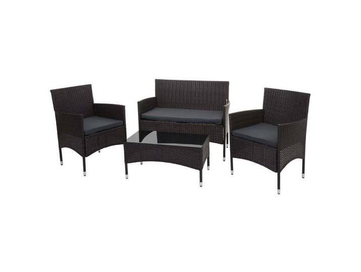 Salon de jardin en polyrotin pour jardin balcon terrasse canape banc table fauteuils marron coussins gris fonce 04_0003245
