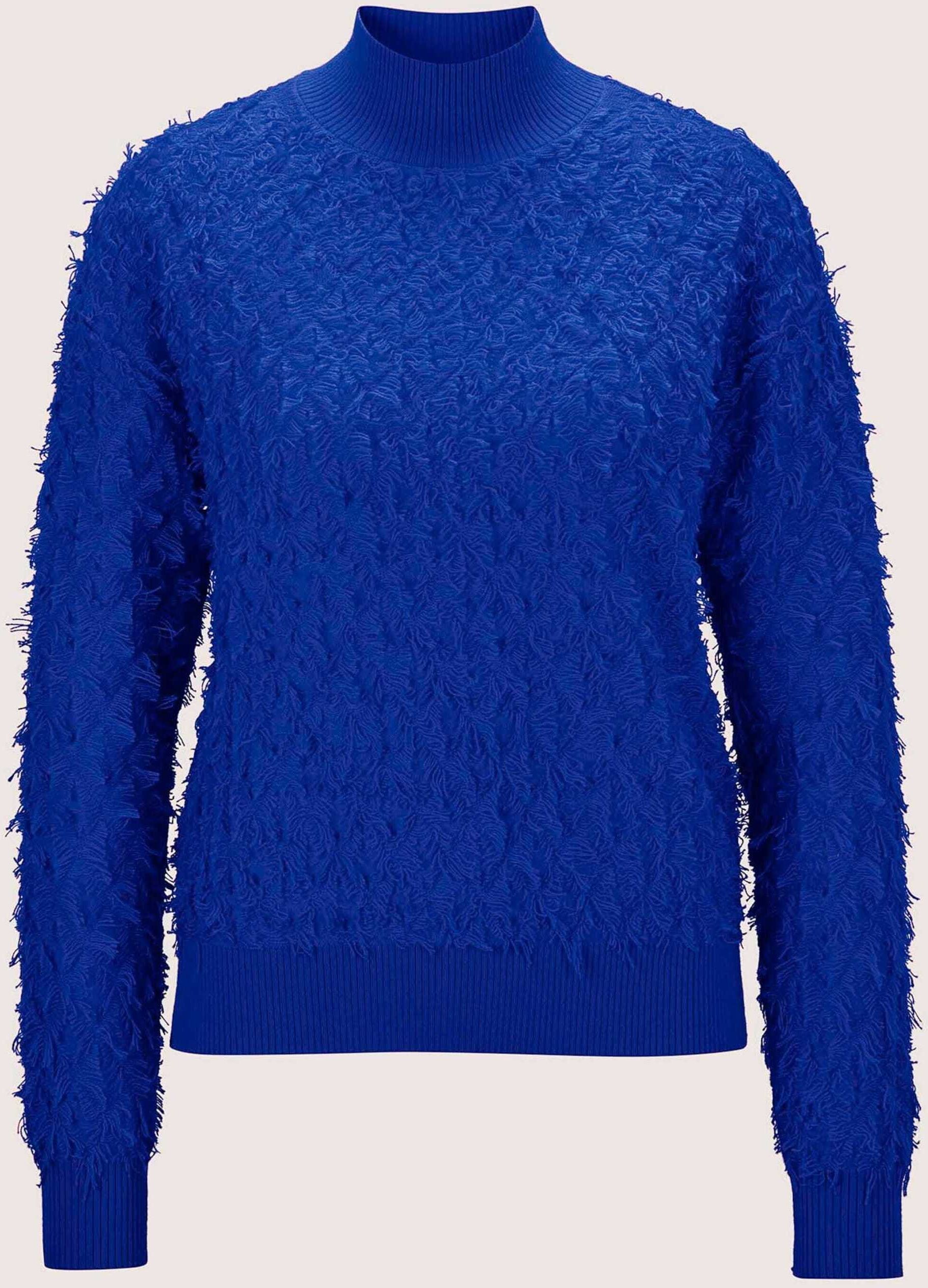 Longpullover MADELEINE "Pullover Strickpullover in Fransenoptik", Damen, Gr. 34, blau (royalblau), Modern, slim fit, Pullover Longpullover