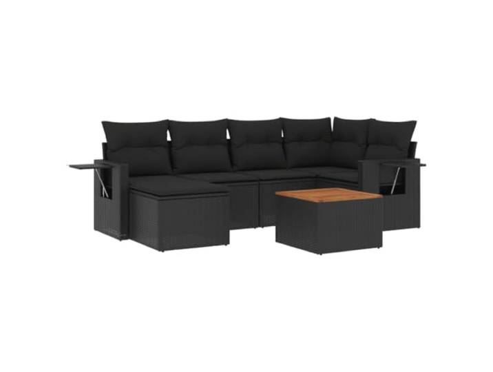 PUGYNBK Gartenzimmer-Set 7-teilig Synthetik Rattan Schwarz Aufbewahrung mit wasserdichter Tasche, klappbarer Beistelltisch, Akazienholz, Modulares Design