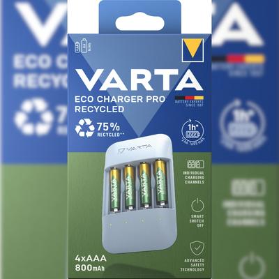 Varta Akku NiMH, Universal Ladegerät, Eco Charger Pro Recycled, inkl. Akkus, 4x Micro, AAA, 800mAh, Retail