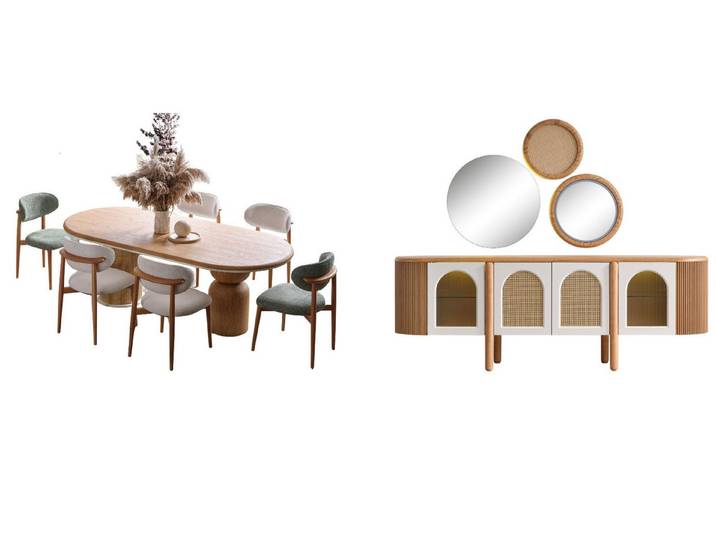 Villa Möbel Esszimmer-Set Begonvil, (Esszimmer-Set, 8-St., Esstisch, Sideboard und 6 Stühle), Feines Geflecht Design Eiche Optik viel Stauraum