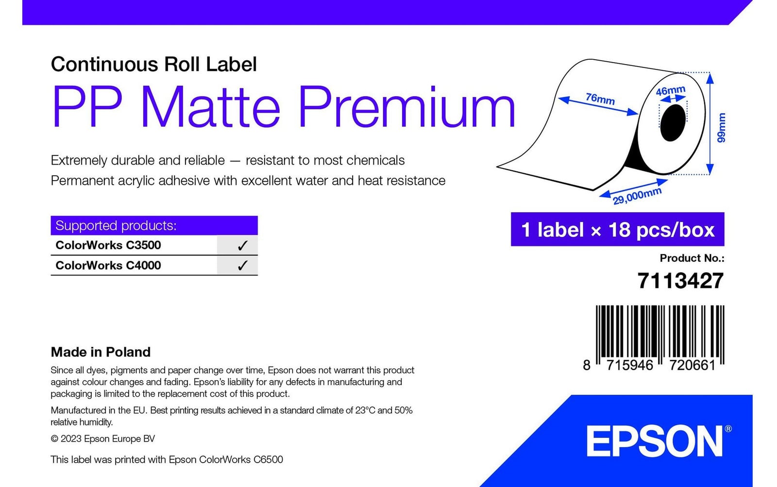 Epson PP Mat Label rol 76 mm x 29 meter