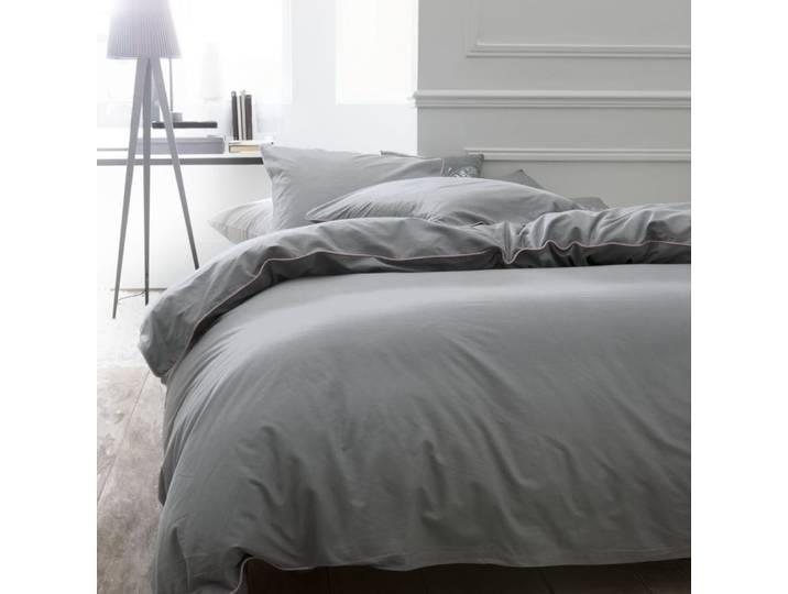 Parure de lit 2 personnes uni coton avec piping 240x220cm gris