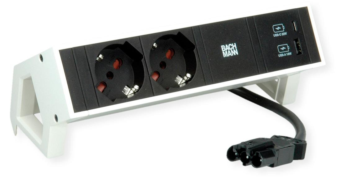 Bachmann DESK2 Stopcontactunit met 2xP40, 1xUSB A/C, 22W, 0,2 meter, GST18, RAL9010, Italiaans model