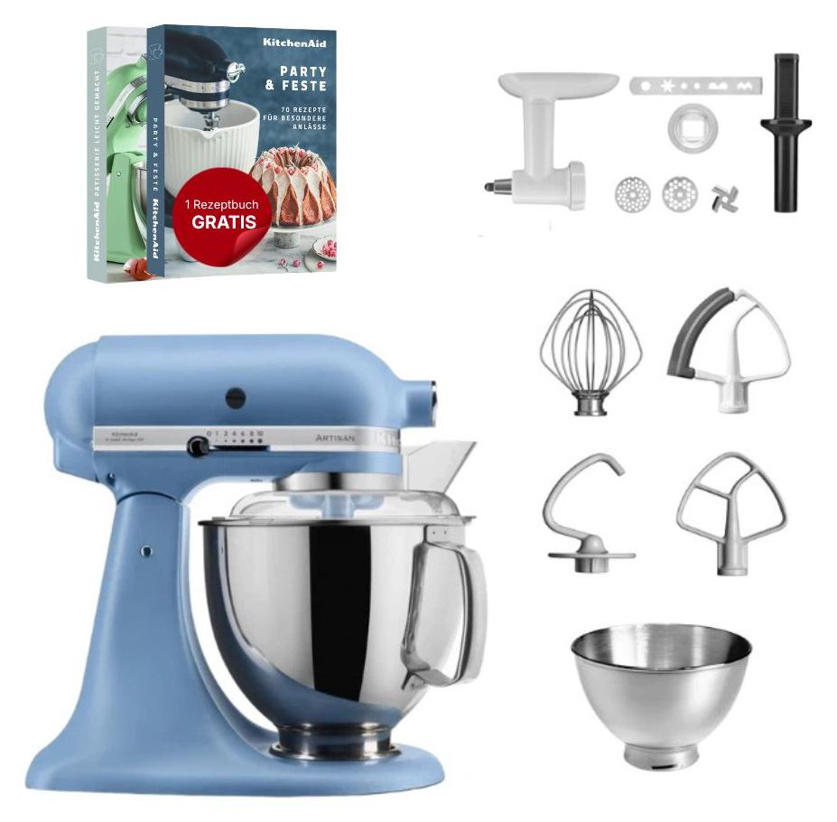 KitchenAid 4,8 L 5KSM175 Artisan Küchenmaschine Set 2 Fleischwolf+Spritzgebäckvorsatz Velvet Blue