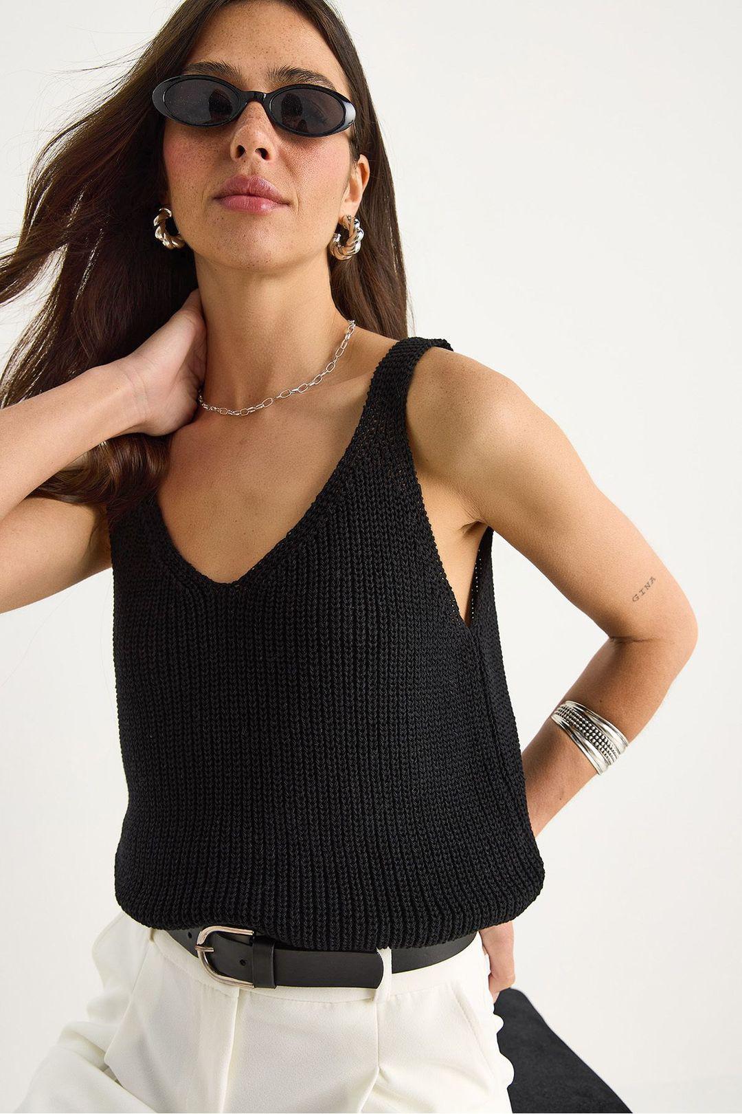 V-hals Geribbelde Brei Blouse