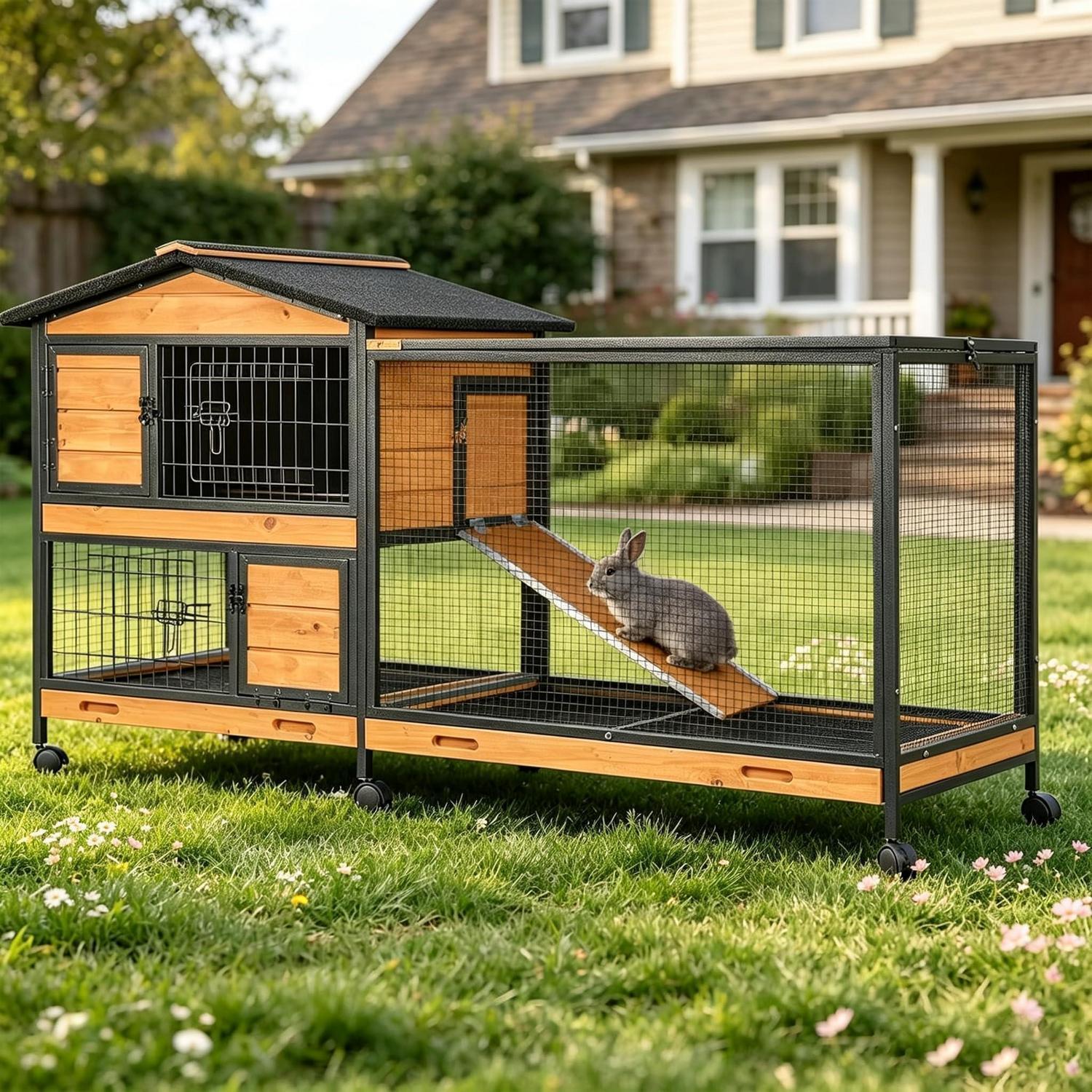 Hasenstall Kaninchenstall Indoor Outdoor Gehege mit Rädern & Ablagetablett Holz