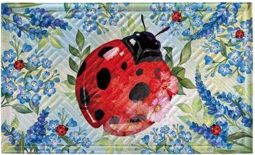 Evergreen "Blue Florals Ladybug Embossed Door Mat - 30"" x 18"""
