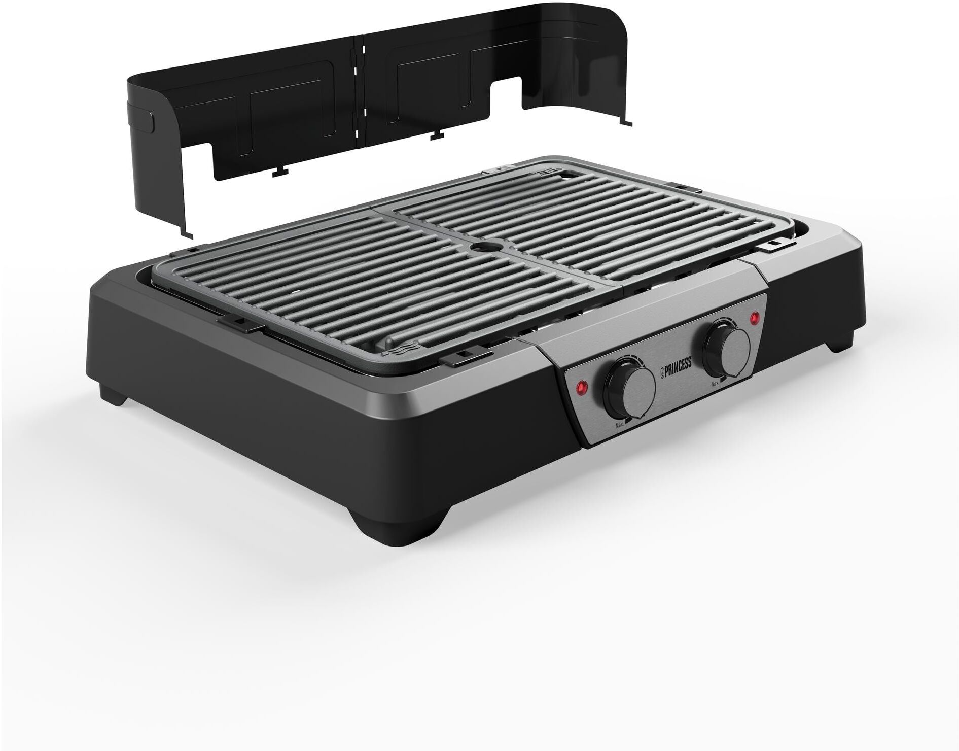 Tischgrill PRINCESS "BBQ 2000 W", schwarz (schwarz, silberfarben), B:23,9cm H:20cm, Kontaktgrill_Standgrill_Tischgrill_Teppanyakigrill, Tischgrill schwarz, silberfarben Einheitsgröße