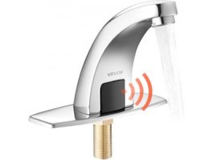 VEVOR berührungsloser Waschtischhahn (verchromtes Silber) Badezimmer, automatische Waschtischarmatur (Nur kaltes Wasser), batteriebetriebener Wasserhahn Toilettenhahn mit Lochabdeckung G233