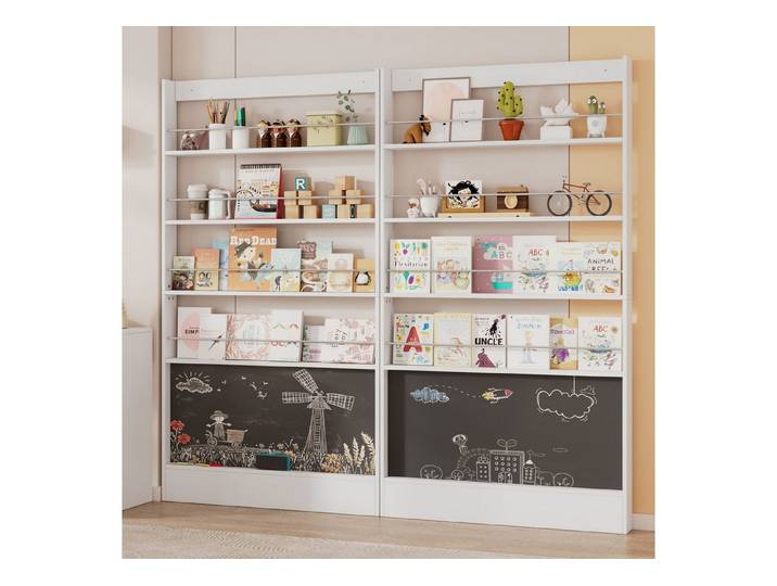 Celya Bücherregal Bilderbuchregal, Ausstellregal, Bücherregal, Kinderzimmer Bücherregal, Kippschutz/Platz sparen, 2er Bücherregalset, 4-ebiges Aufbewahrungsregal + bemalbares Schwarzbord