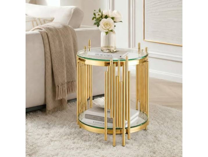 I0I&I0I Runder Beistelltisch aus Glas mit Ablage (Clear + Gold + Stainless Steel + Clear Tempered Glass)