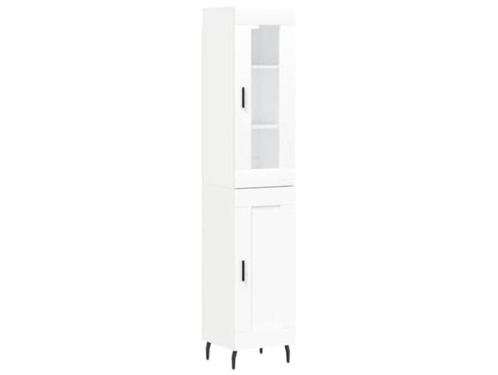 Roanoer Highboard Weiß 34,5x34x180 cm Holzwerkstoff Schrank mit Tür Schlanker Mehrzweckschrank für Wohnzimmer und Flur mit eleganten Glasdetails, stabilen Eisenbeinen und viel Stauraum.