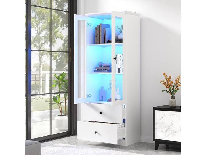 Vitrine LED Blanc mat avec port USB vitrine en verre avec 2 tiroirs MDF