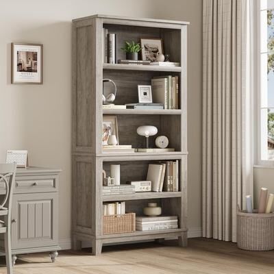 Garvee "71"" 5-Tier Farmhouse Wooden Bookcase with Adjustable Shelves, Grey"
