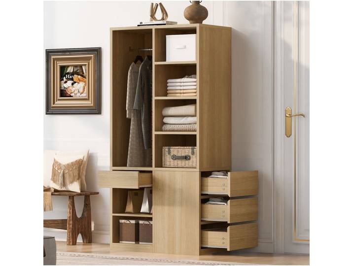 VUENOR Armoire ouverte 70 x 50 x 170 cm décor bois clair – penderie étagères et 4 tiroirs