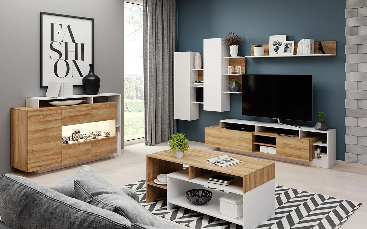garneroarredamenti Credenza 155x94h cm con vetro moderna rovere bianco Blob