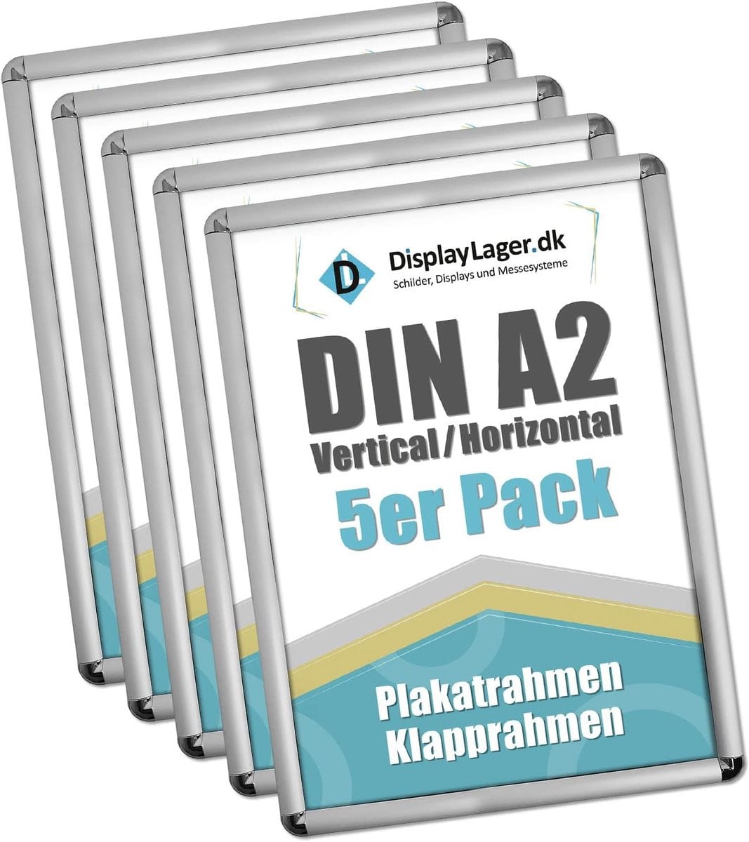 Set van 5 aluminium vouwframe posterlijsten in zilver met ontspiegeld beschermglas voor DIN A2 wanddecoratie