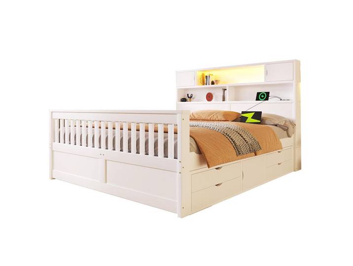 Komhtom Doppelbett 160 x 200 cm mit vier Schubladen, Weiß, Holz, Mode, 160x200 cm, Schlafzimmer, Betten