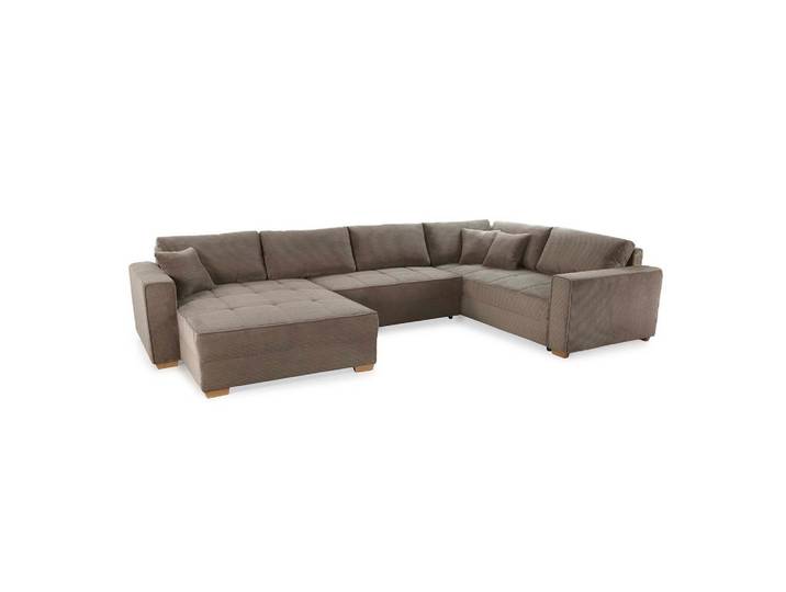 WOHNLANDSCHAFT Schlaffunktion Bettkasten Wellenunterfederung, spiegelverkehrt montierbar U-Form B379/T227/H86 cm, Cord Braun Taupe / 15197