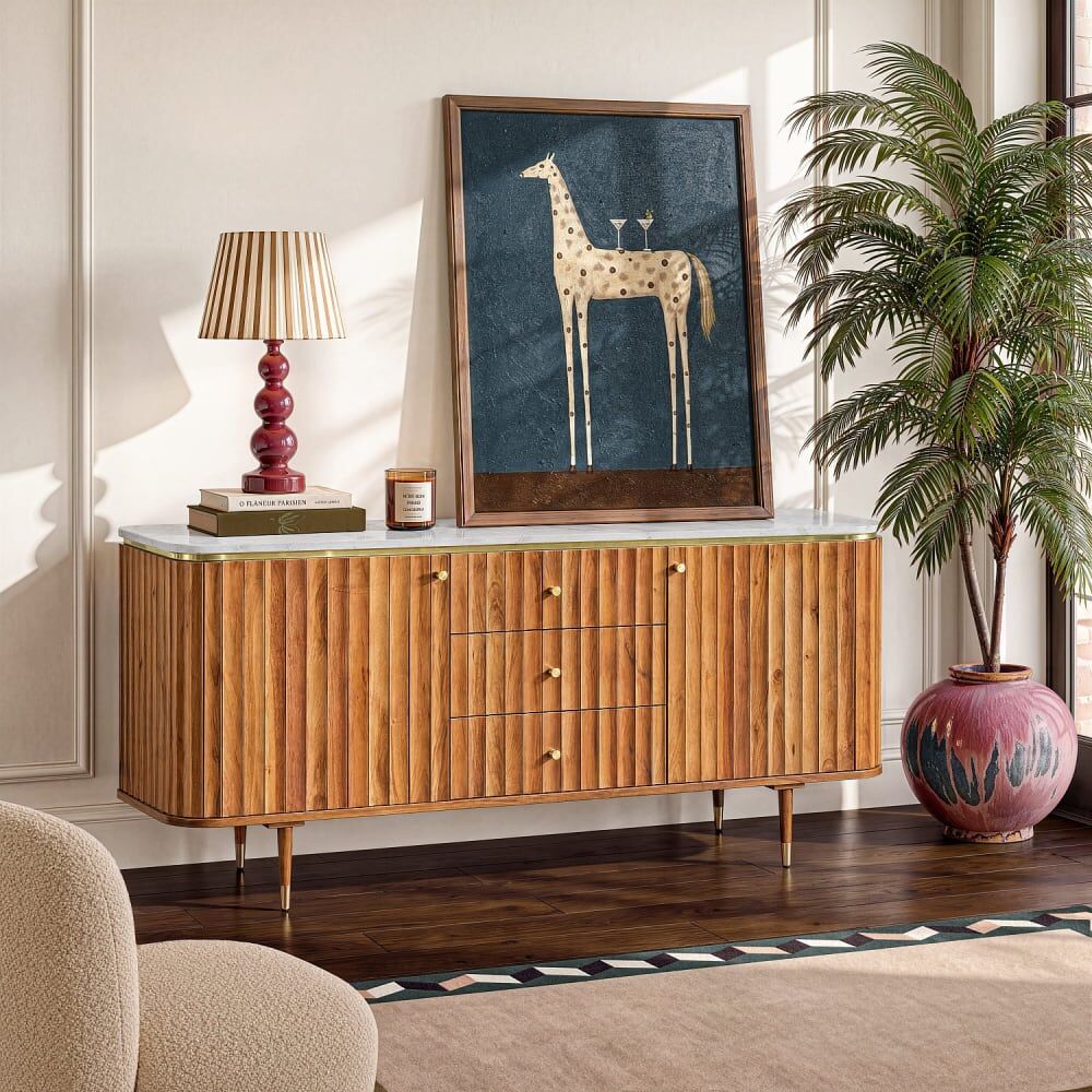 Habitat Buffet 2 portes et 3 tiroirs en bois massif avec plateau en marbre - Marron 147x77x45cm