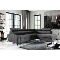M-Punkt Wohnlandschaft Ecksofa LAGOS Samt Grau Anthrazit mit Bett Bettkasten Kopfteilverstellung Bett Sofa Schlafsofa Ottomane rechts