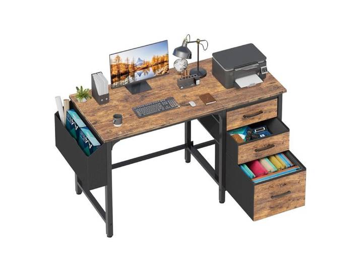 Bureau PC Industriel 120cm avec Tiroir et Rangement - Marron Rustique Compact pour Petit Espace Gaming et Ordinateur