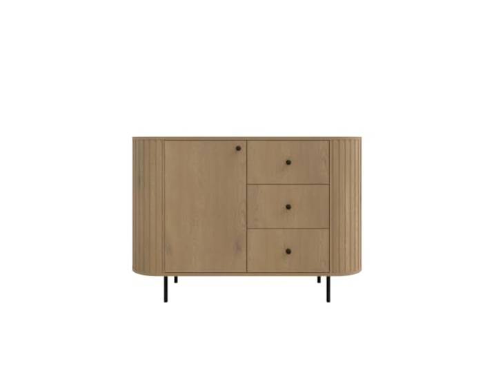Margaret Hadas24 Olivia Kommode 123 cm Eiche Cremona Moderne Wohnzimmerkommode mit 1 Tür, 3 Schubladen und geriffeltem Design