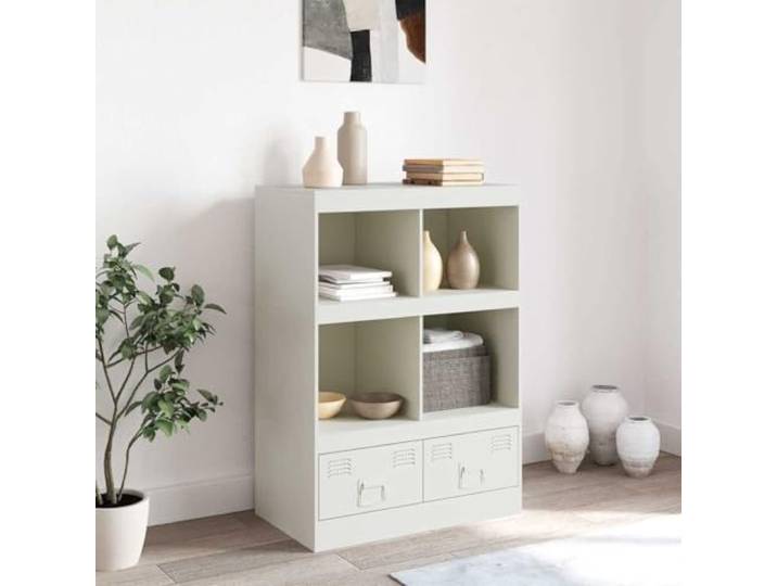 KTHLBRH Sideboard weiß 67 x 39 x 95 cm aus Stahl 4 Einlegeböden, 2 Schubladen, 2 Metallgriffe, Tragkraft 76 kg, einfache Reinigung