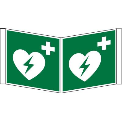 Rettungszeichen, Winkelschild Defibrillator E010 - ASR A1.3 (DIN EN ISO 7010) - 200x200x1 mm Kunststoff nachleuchtend