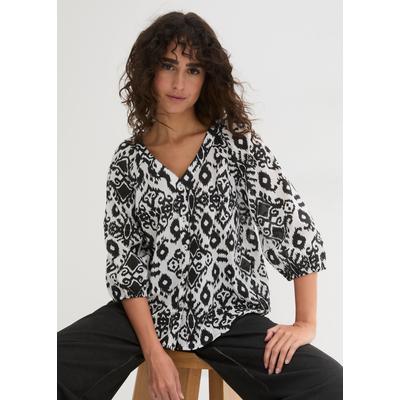 Langarmbluse BONPRIX "Bluse aus Baumwolle", Damen, Gr. 48, weiß (weiß, schwarz), Obermaterial: 100% Baumwolle, A-Linie, Blusen, A-Linie, für vielseitige Anlässe, aus Baumwolle, 3/4-Ärmel