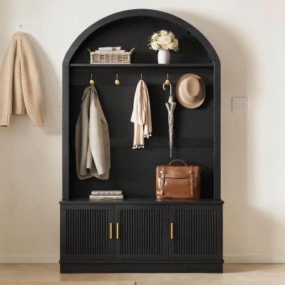 CARMORICO Mid-Century Entryway Hall Tree, Farmhouse Style with Arched Fabric Top, Fluted Doors, 5 Metal Hooks & Adjustable Shelves