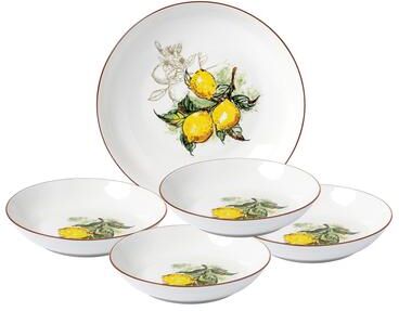 Lorren Home Trends 5 Piece Porcelain Pasta Set, 1 Serving Bowl and 4 Individual Bowls, Lemon Design