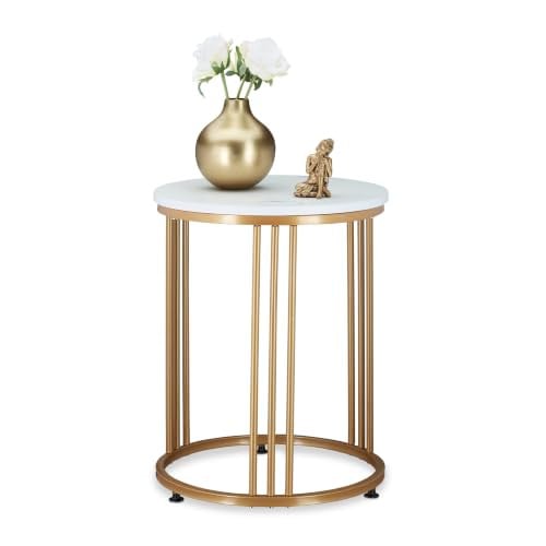 Relaxdays Bijzettafel MARMO, ronde salontafel met marmerlook, wit/goud, H 51 x B 41 cm