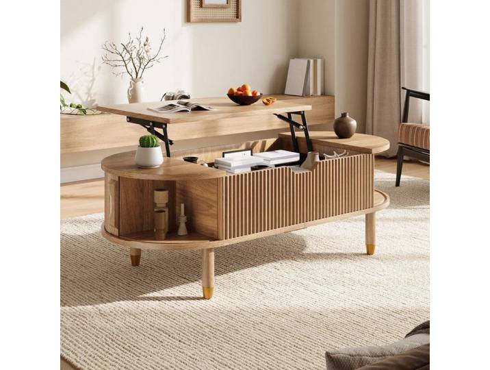 Piaenon - Table Basse Ovale 110x48x57cm avec 2 Portes Relevable 40kg Design Moderne Salon - Bois