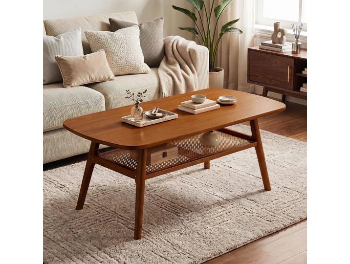 Costway Table Basse Bois Avec Étagère En Rotin (noyer)
