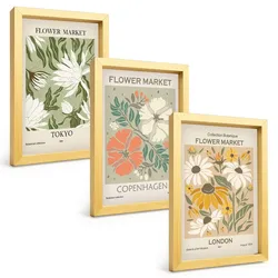 BILDER SET 3er Set - 20x30 cm Goldrahmen - Blumenmotive aus Städten auf der ganzen Welt