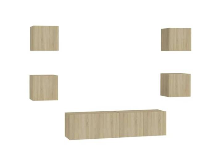 Roanoer 6-TLG. TV-Schrank-Set Wandmontage Sonoma-Eiche Holzwerkstoff Platzsparende Hängeschränke für Wohnzimmer und Schlafzimmer mit viel Stauraum für Bücher und Medien.