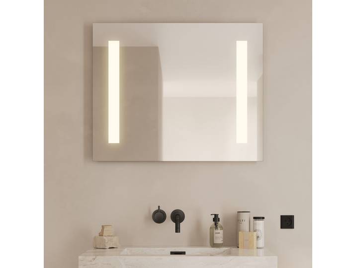 Badspiegel LOEVSCHALL Römö Quadratisch, Spiegel mit LED Beleuchtung, Lichtspiegel , silber (silberfarben), Spiegel, B/H/T: 80cm x 65cm x 3,5cm, Spiegelglas, Badspiegel, Verstellbarer Badezimmerspiegel mit Beleuchtung, Dänisches Design, B:80cm H:65cm T:3,5cm