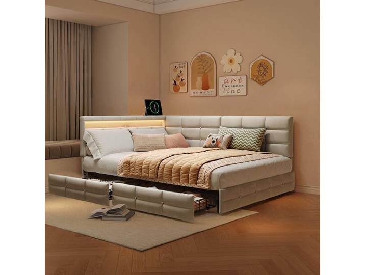 YLSZHYR Lit 140x190 Coffre Double avec led canapé-lit avec USB Lit Capitonné Rembourré avec 2 tiroir avec Sommier à lattes