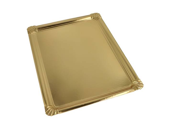 PAPSTAR Servierplatte 90 x Servierplatten, Pappe, PET-beschichtet eckig 34 cm x 45,5 cm gold, Frischfaser-Karton, PET beschichtet